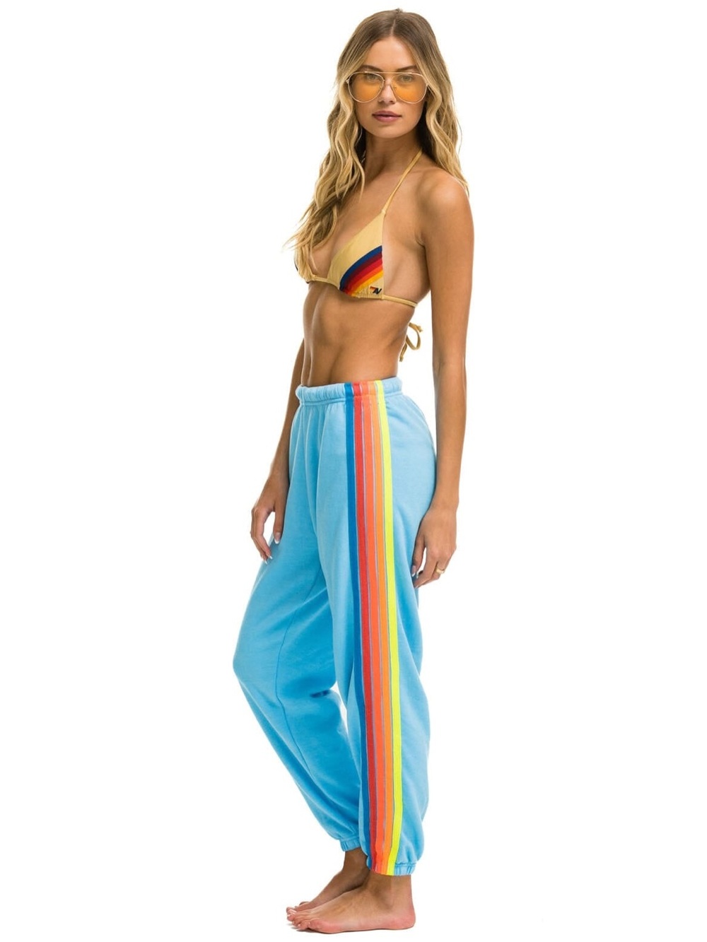 Aviator Nation 5 STRIPE SWEATPANTS - SKY // NEON RAINBOW Size M
